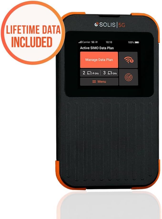 SIMO Solis 5G WiFi Mobile Hotspot for Travel, Local and International Coverage Router, Multi-Carrier Access, No Contract or SIM Card Required, 16 Connected Devices + 1 Year of USA Unlimited Data