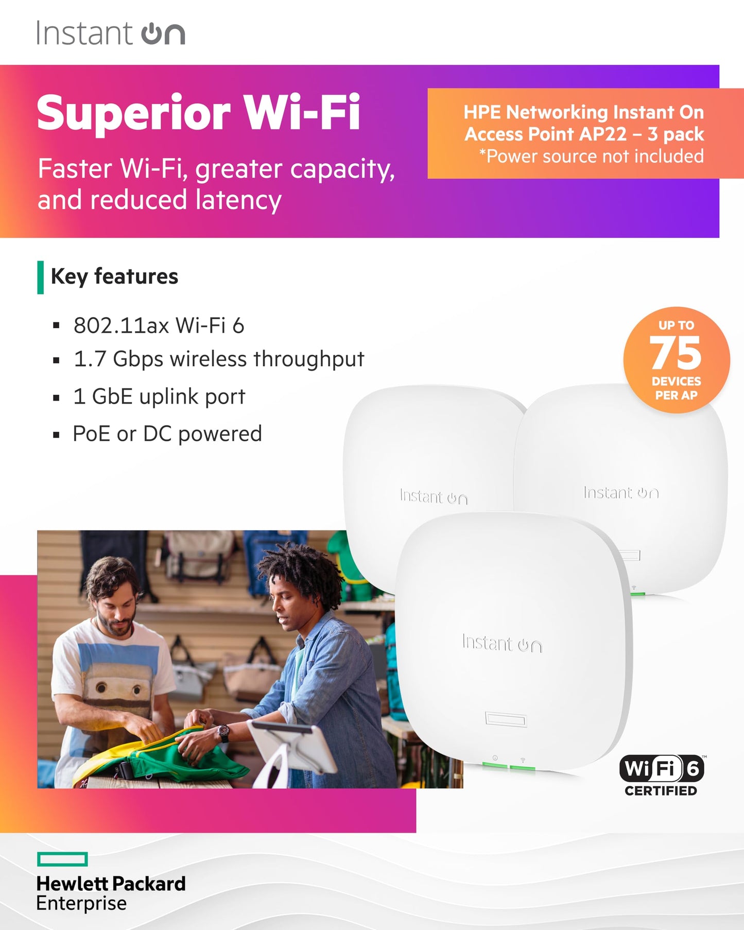 HPE Networking Instant On Access Point AP22 2x2 WiFi 6 Indoor Wireless Access Point (3 Pack) | Long Range, Secure, Smart Mesh Support | Power Source Not Included | US Model (R4W01A-3PACK)