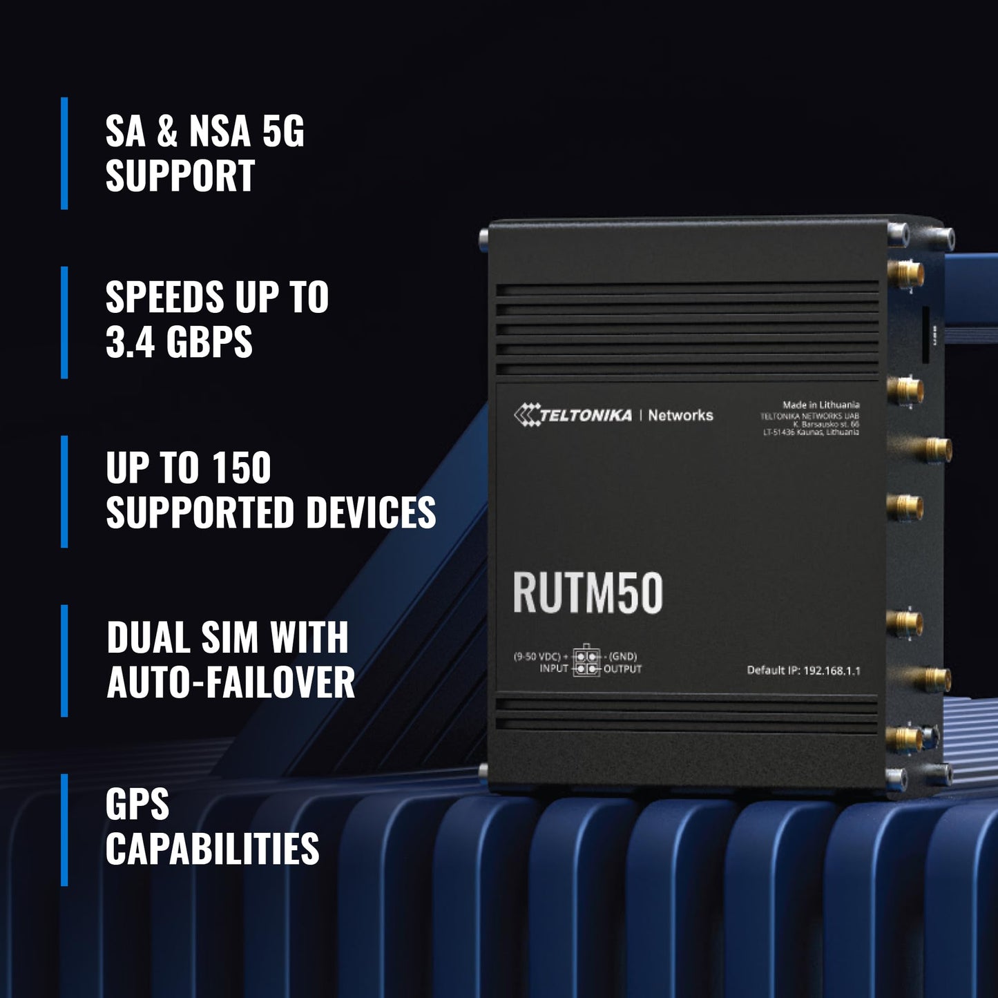 Teltonika RUTM50 WiFi Router Dual SIM Card Slot - 5G Ultra High Speeds Up to 3.4 Gbps - Auto Failover with SA & NSA 5G Architecture Support - 4G Compatibility Wireless Router (TELRUTM50000000)